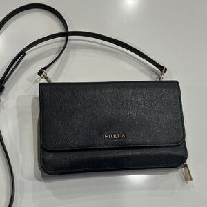 Furla Black Textured Leather Crossbody Wallet Bag